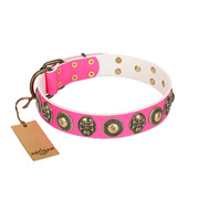 "Two Extremes" FDT Artisan Pink Leather Boxer Collar with Elegant Conchos and Medallions with Skulls  "Two Extremes" FDT Artisan Pink Leather Boxer Collar with Elegant Conchos and Medallions with Skulls