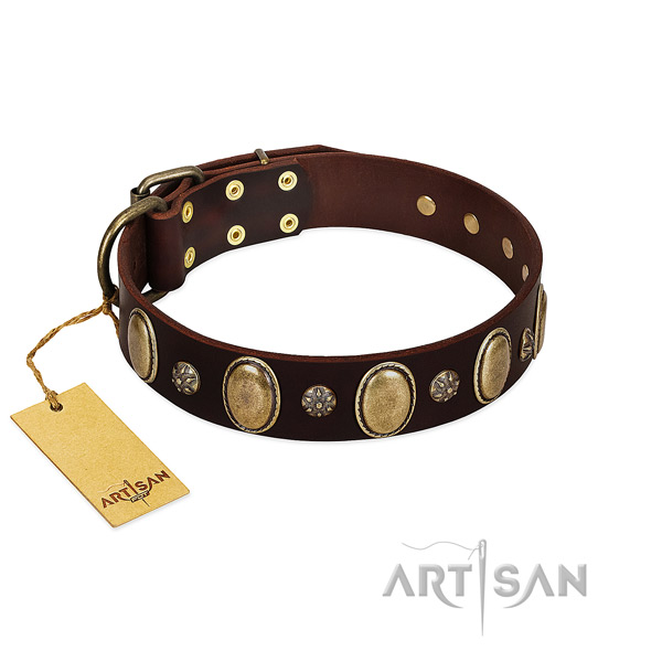 Stylish walking soft genuine leather dog collar with decorations