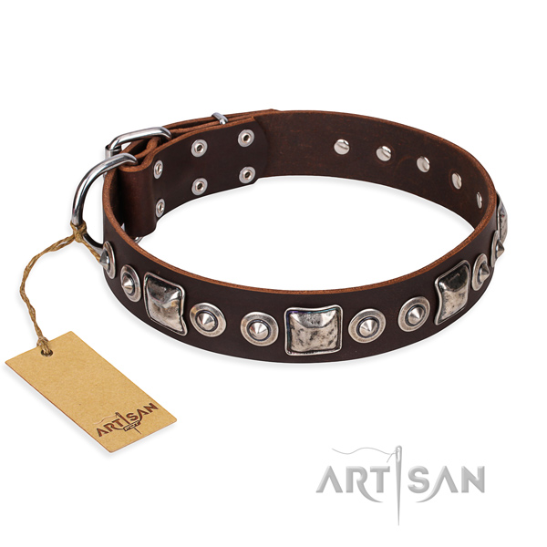 Full grain genuine leather dog collar made of quality material with durable fittings