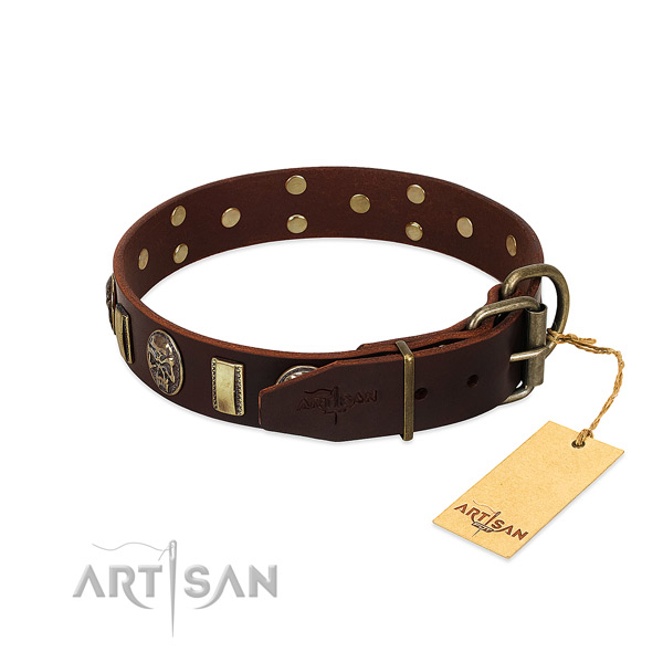Full grain genuine leather dog collar with rust-proof D-ring and studs