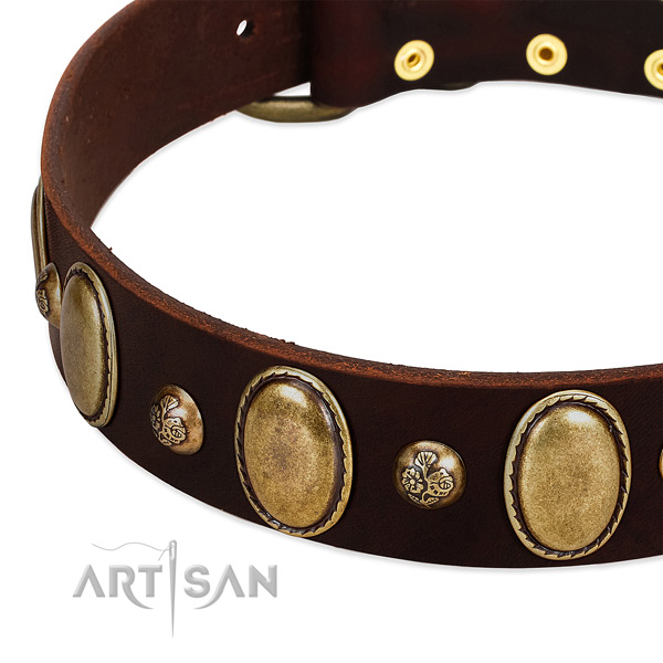 Full grain genuine leather dog collar with top notch decorations
