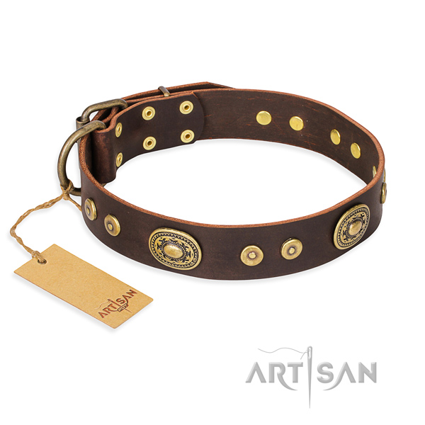 Full grain genuine leather dog collar made of top notch material with durable hardware