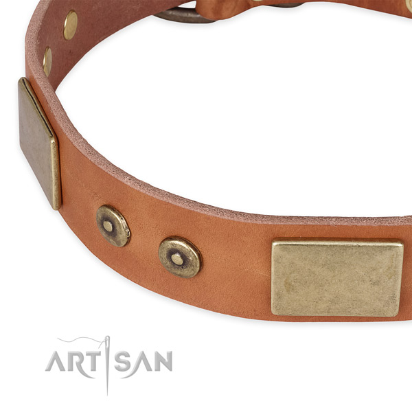 Rust resistant D-ring on natural genuine leather dog collar for your four-legged friend