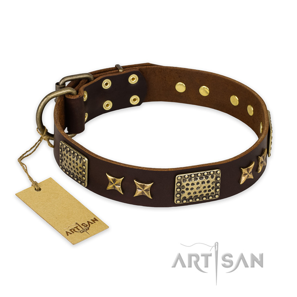 Trendy full grain natural leather dog collar with strong hardware