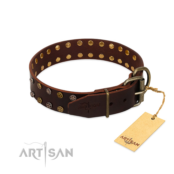 Handy use full grain leather dog collar with stylish design adornments