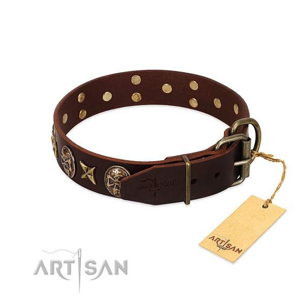 Full grain natural leather dog collar with corrosion resistant traditional buckle and decorations