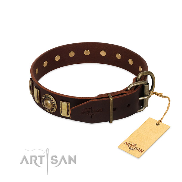 Impressive genuine leather dog collar with corrosion proof traditional buckle