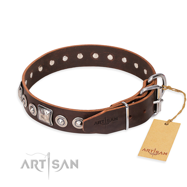 Natural genuine leather dog collar made of best quality material with reliable adornments