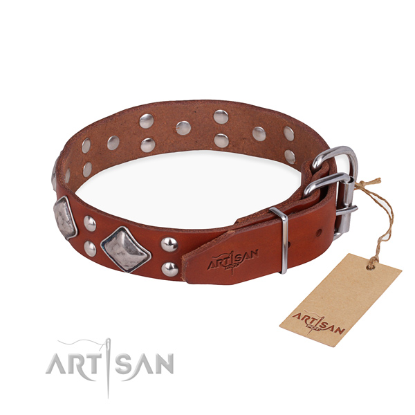 Genuine leather dog collar with stylish design rust resistant adornments