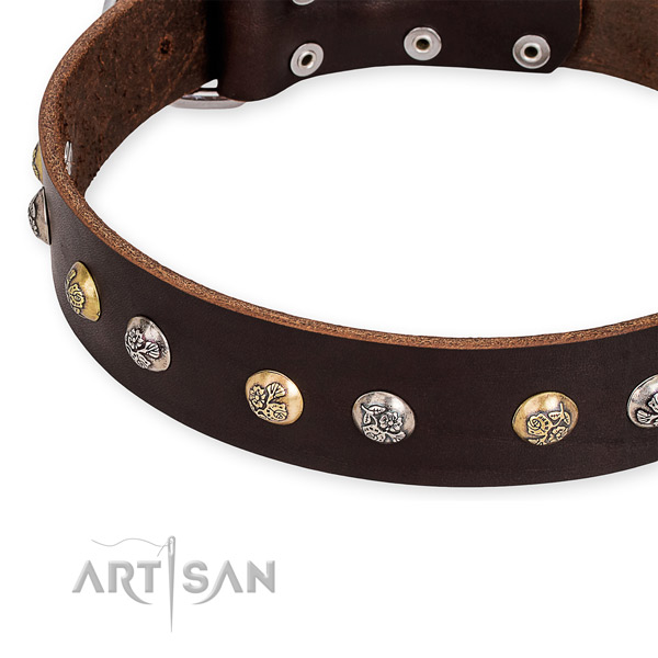 Natural genuine leather dog collar with extraordinary corrosion proof decorations