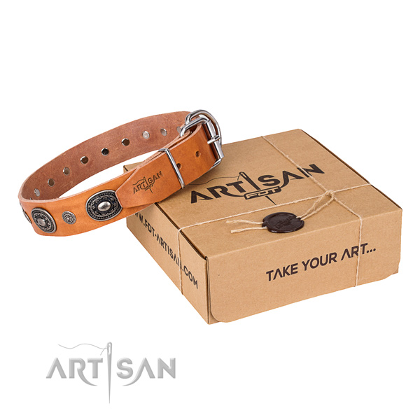 Quality genuine leather dog collar handcrafted for comfy wearing