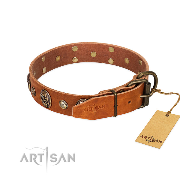 Corrosion resistant hardware on natural genuine leather collar for daily walking your dog