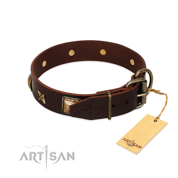 Natural genuine leather dog collar with corrosion resistant hardware and studs