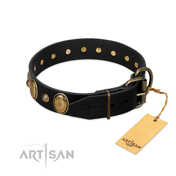Rust-proof hardware on full grain genuine leather collar for walking your dog