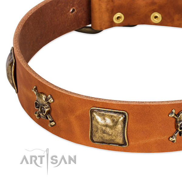 Unique full grain natural leather dog collar with rust-proof decorations