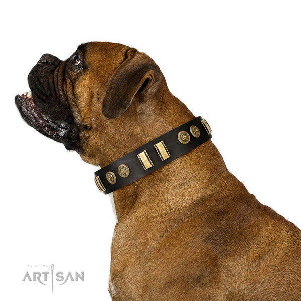 Corrosion resistant fittings on full grain natural leather dog collar for comfortable wearing