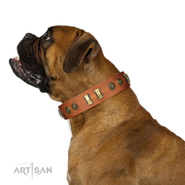 Corrosion resistant fittings on full grain leather dog collar for comfy wearing