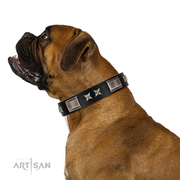 Walking reliable full grain genuine leather dog collar with studs