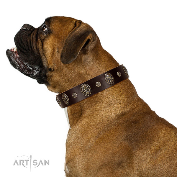 Handy use dog collar of genuine leather with stylish design embellishments