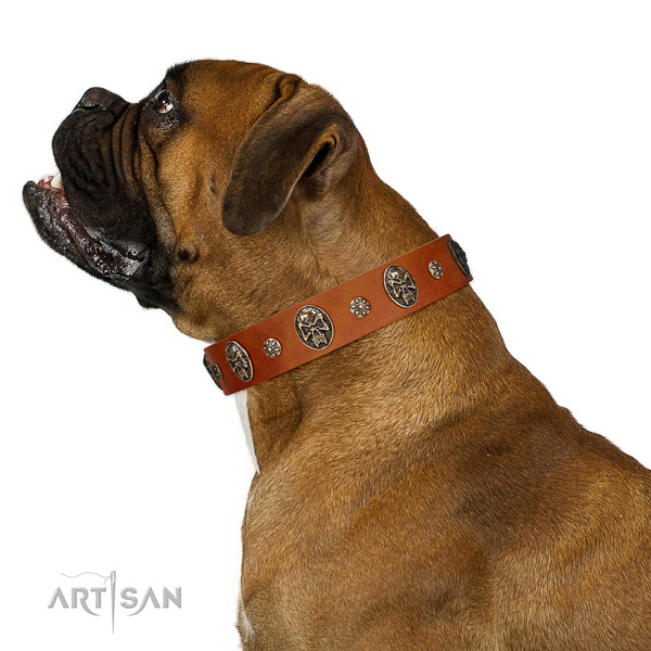 Comfortable wearing dog collar of genuine leather with unusual decorations