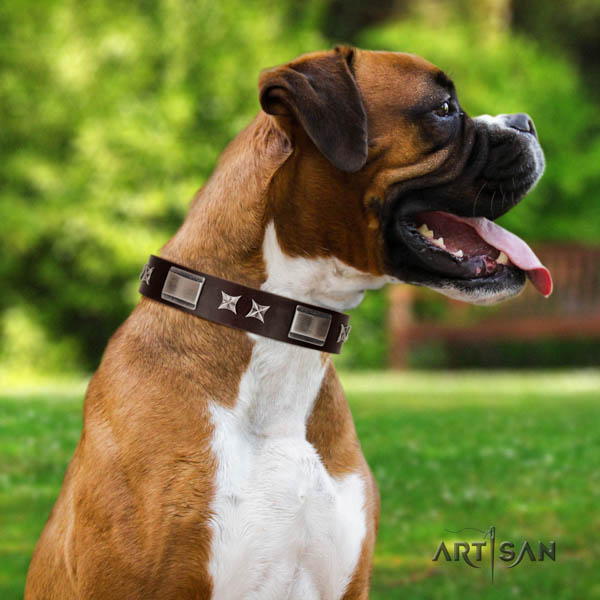 Boxer natural genuine leather collar with corrosion proof D-ring