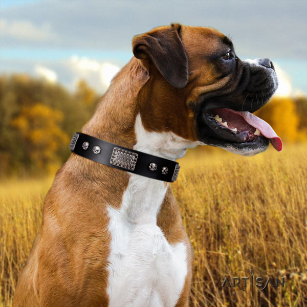 Boxer stylish design genuine leather collar with rust resistant d-ring