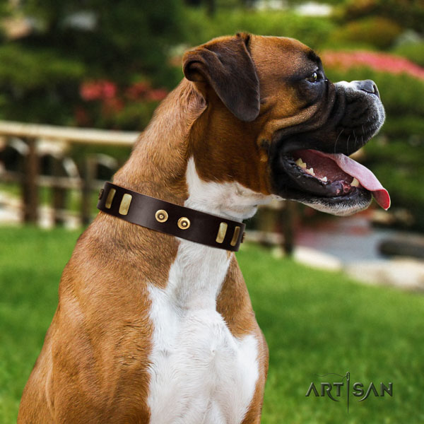 Boxer easy wearing natural genuine leather dog collar for walking