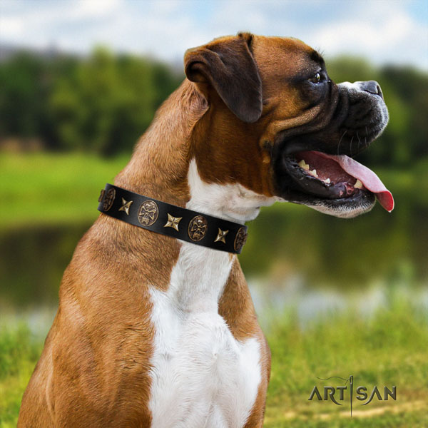 Boxer convenient full grain natural leather dog collar for comfortable wearing