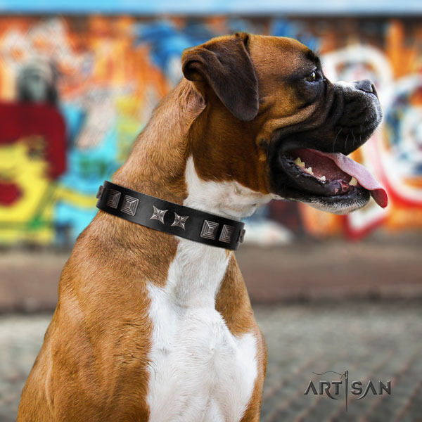 Boxer full grain genuine leather collar with reliable D-ring for handy use