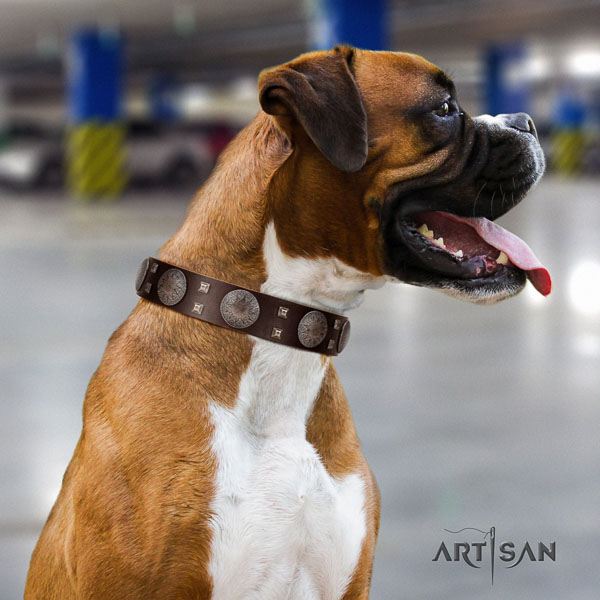 Boxer easy adjustable full grain genuine leather dog collar for walking