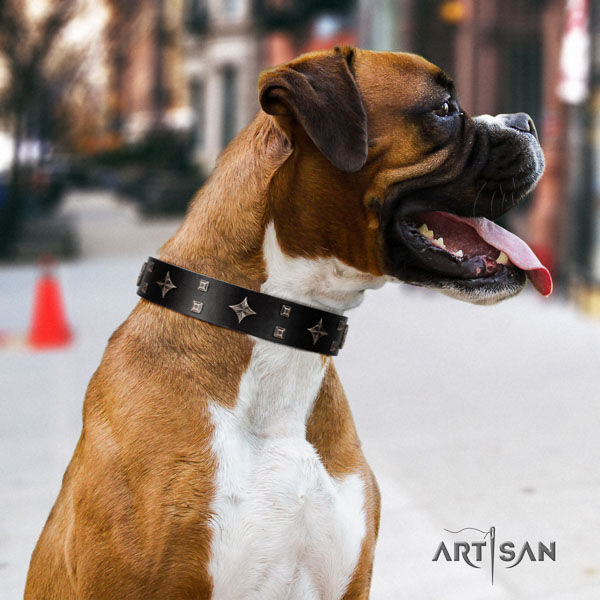 Boxer impressive natural genuine leather dog collar for daily walking
