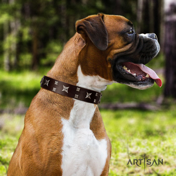 Boxer handcrafted full grain natural leather dog collar for comfortable wearing