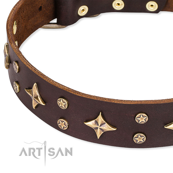 Full grain genuine leather dog collar with fashionable decorations