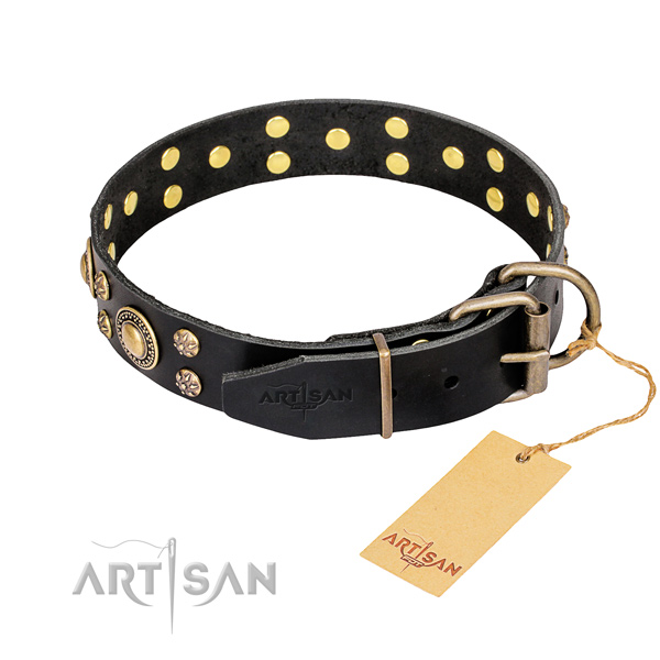 Everyday use full grain leather collar with decorations for your doggie