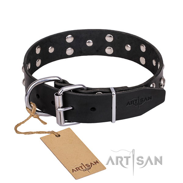 Tough leather dog collar with riveted elements